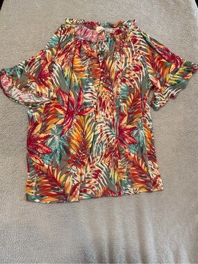 Sew In Love Tropical Off-Shoulder Blouse in Teal, Coral, Yellow, and Red